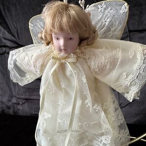 Vintage porcelain doll angel, 8.5” tall Christmas ornament